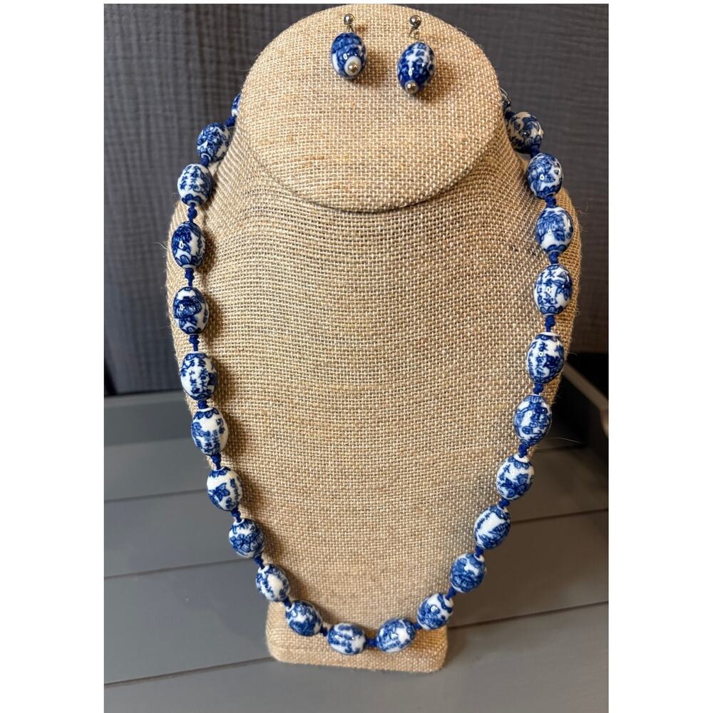 Vintage Chinese Large Bead Blue/White Porcelain Knotted Necklace&Earrings